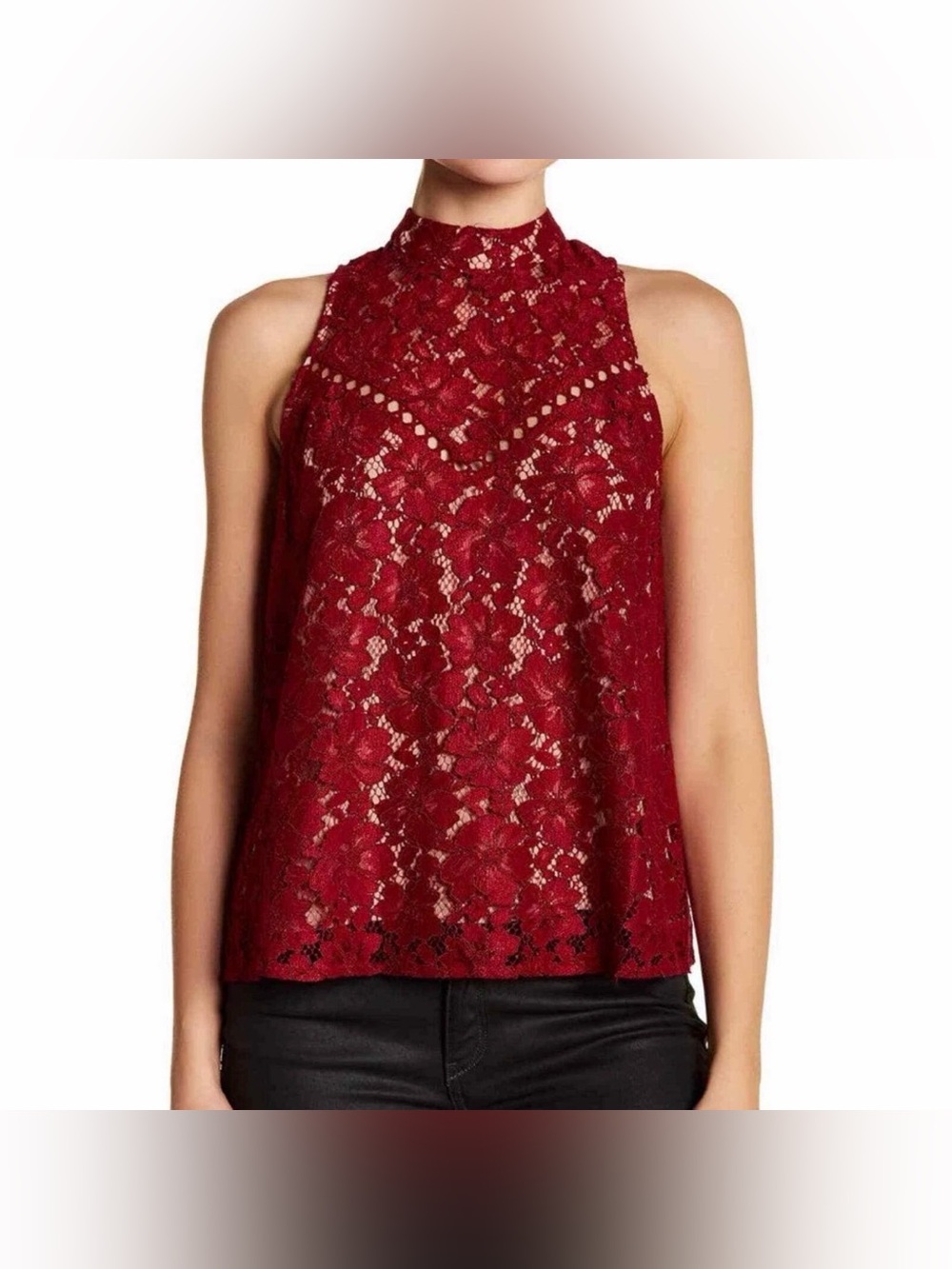 Wayf Portrait Sleeveless High Neck Lace Overlay Blouse - Size Large